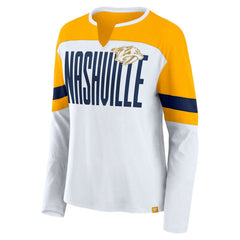 NHL Nashville Predators Fanatics Women's Frozen Long Sleeve Notch Neck T-Shirt - White/Gold
