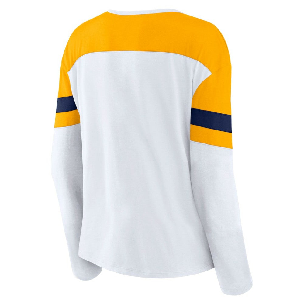 NHL Nashville Predators Fanatics Women's Frozen Long Sleeve Notch Neck T-Shirt - White/Gold
