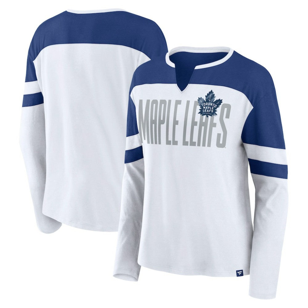 NHL Toronto Maple Leafs Fanatics Women's Frozen Long Sleeve Notch Neck T-Shirt - White/Blue