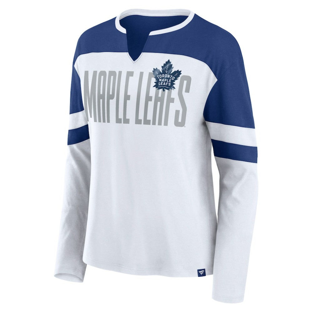NHL Toronto Maple Leafs Fanatics Women's Frozen Long Sleeve Notch Neck T-Shirt - White/Blue