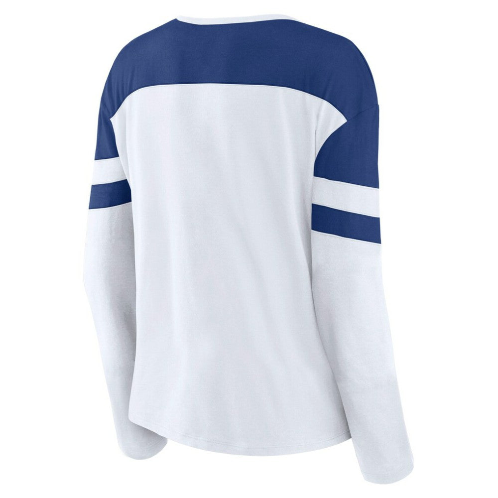 NHL Toronto Maple Leafs Fanatics Women's Frozen Long Sleeve Notch Neck T-Shirt - White/Blue