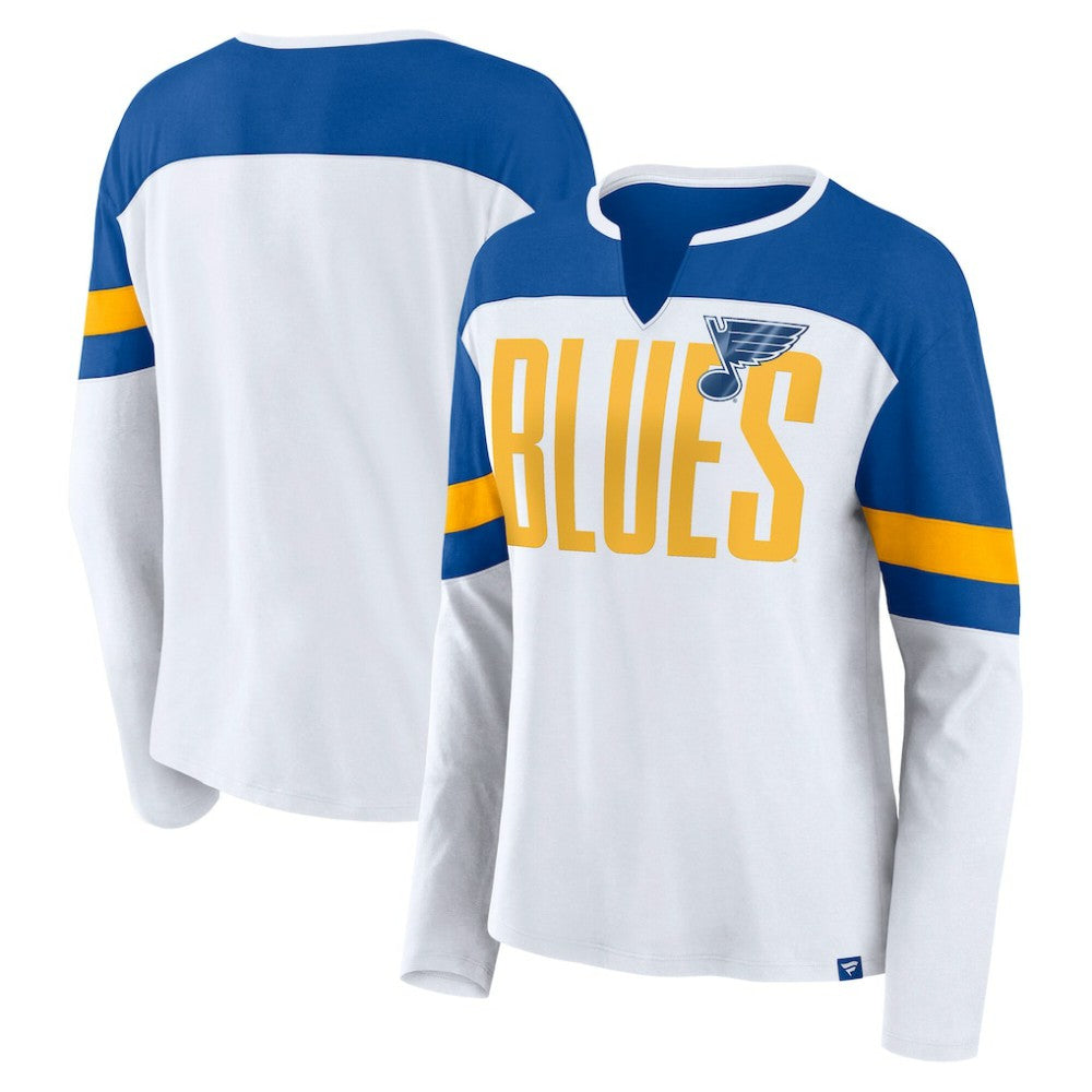 NHL St. Louis Blues Fanatics Women's Frozen Long Sleeve Notch Neck T-Shirt - White/Blue
