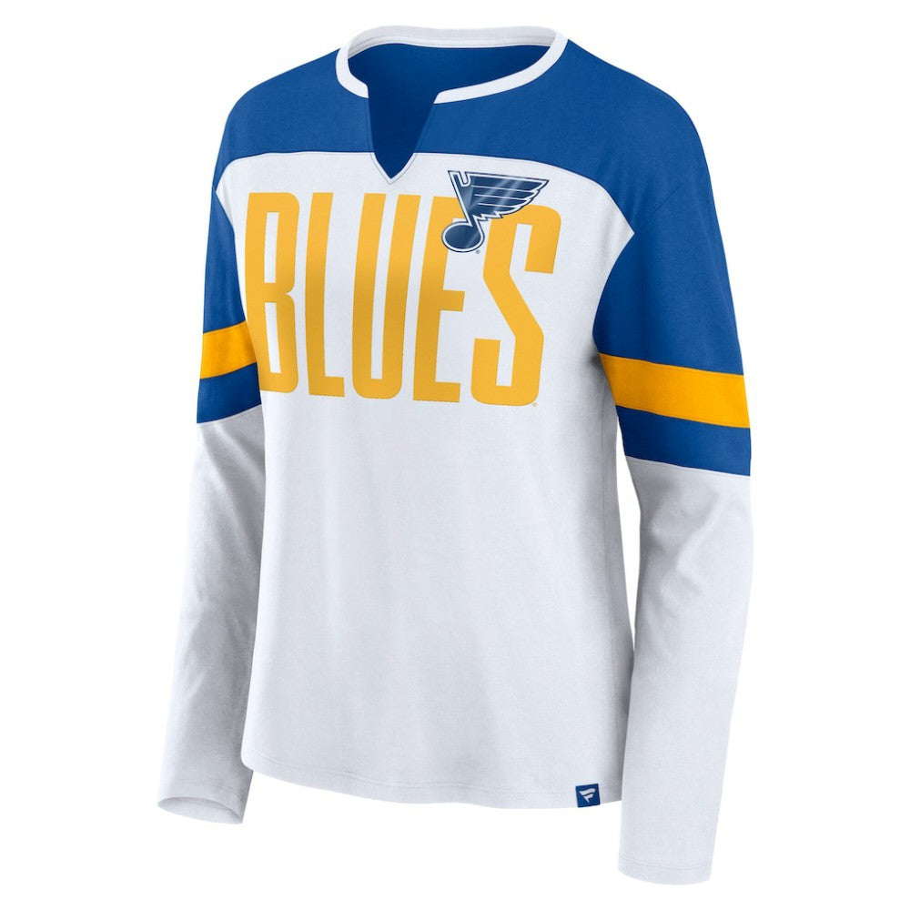NHL St. Louis Blues Fanatics Women's Frozen Long Sleeve Notch Neck T-Shirt - White/Blue