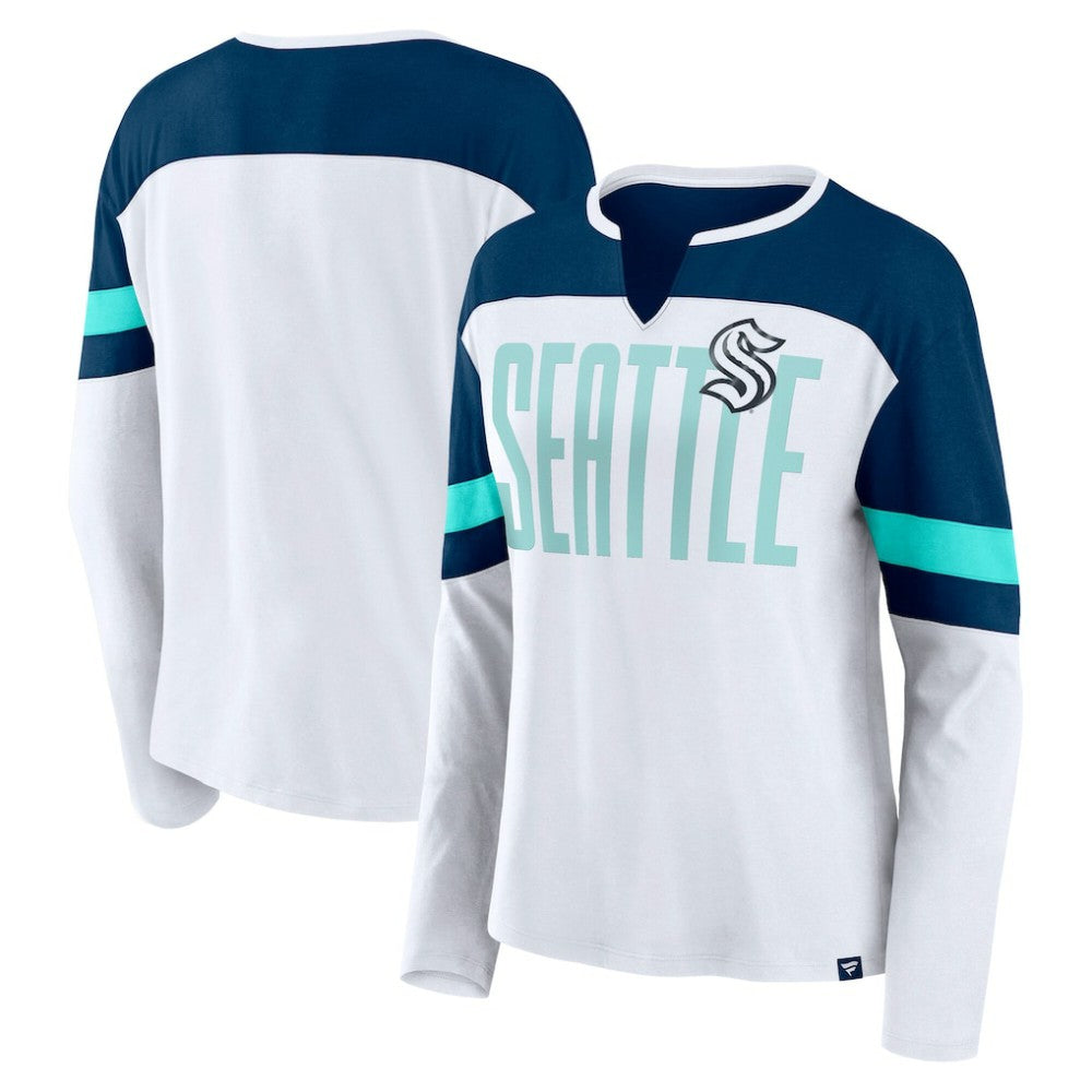 NHL Seattle Kraken Fanatics Women's Frozen Long Sleeve Notch Neck T-Shirt - White/Deep Sea Blue