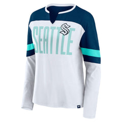 NHL Seattle Kraken Fanatics Women's Frozen Long Sleeve Notch Neck T-Shirt - White/Deep Sea Blue