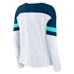 NHL Seattle Kraken Fanatics Women's Frozen Long Sleeve Notch Neck T-Shirt - White/Deep Sea Blue