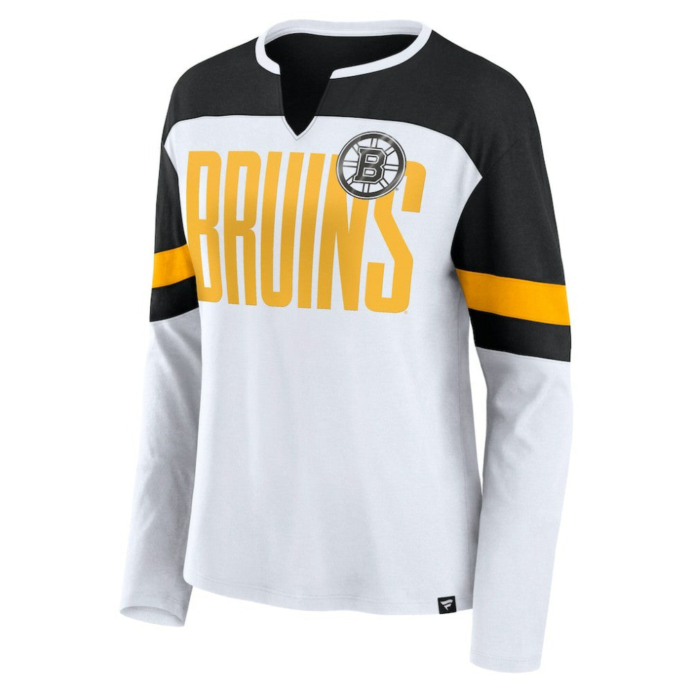 NHL Boston Bruins Fanatics Women's Frozen Long Sleeve Notch Neck T-Shirt - White/Black