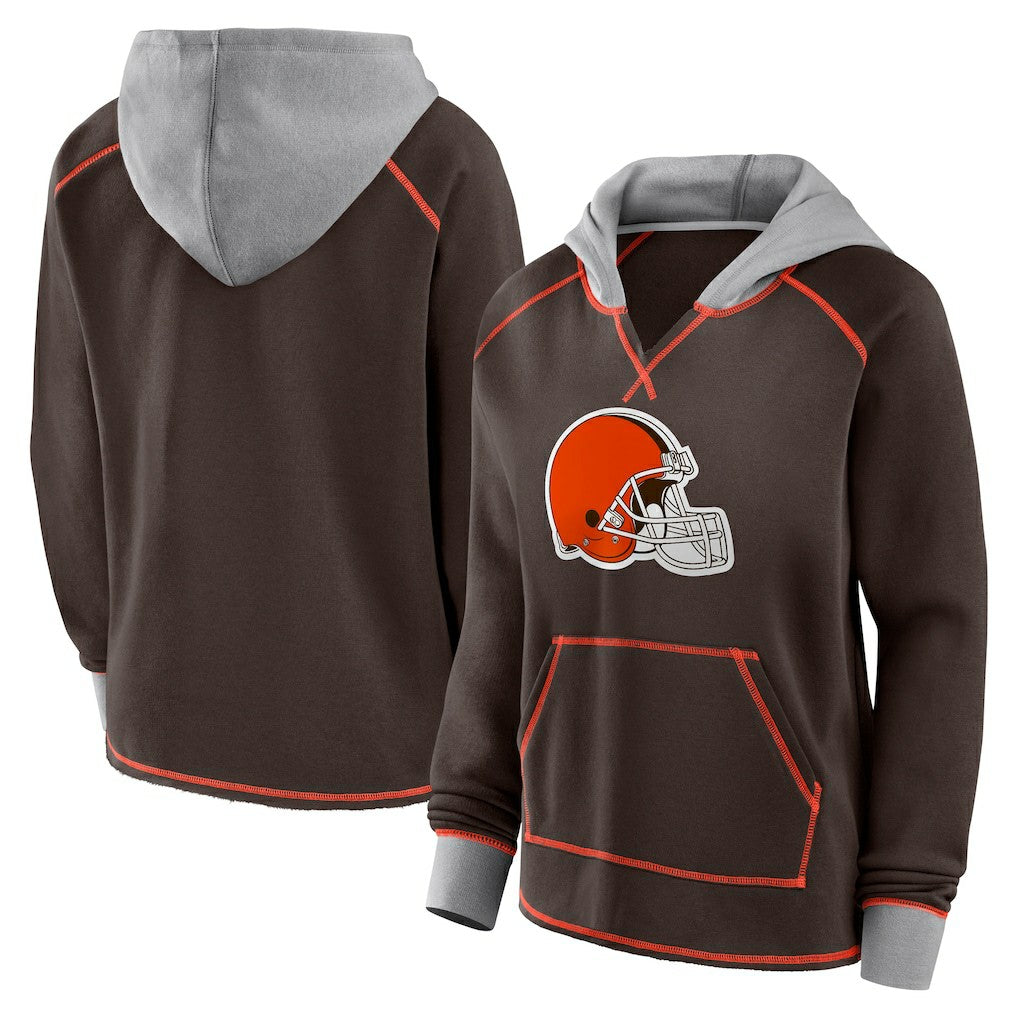 Cleveland Browns Logo Athletic Women's Boom Fleece Pullover V-Neck Hoodie Brown
