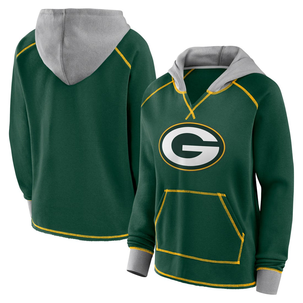 Green Bay Packers Logo Athletic Women's Boom Fleece Pullover V-Neck Hoodie Green