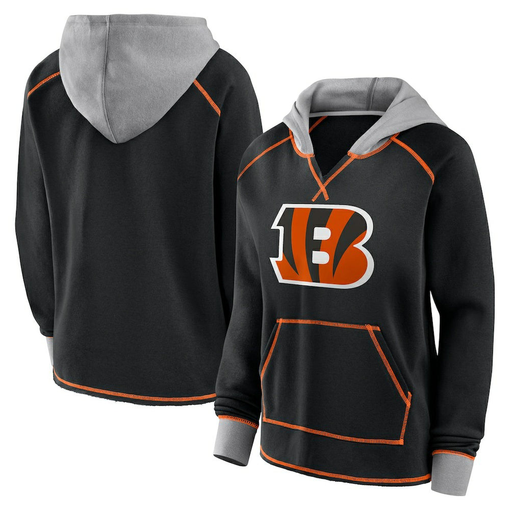 Cincinnati Bengals Logo Athletic Women's Boom Fleece Pullover V-Neck Hoodie Black