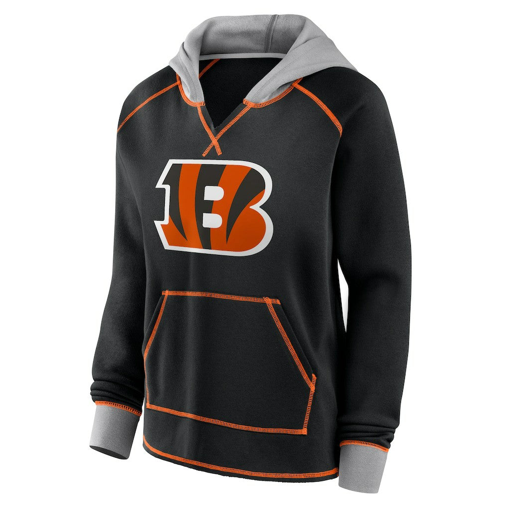 Cincinnati Bengals Logo Athletic Women's Boom Fleece Pullover V-Neck Hoodie Black