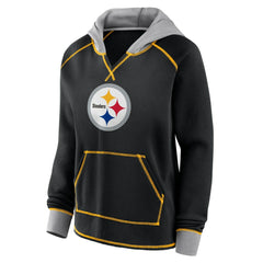 Pittsburgh Steelers Logo Athletic Women's Boom Fleece Pullover V-Neck Hoodie Black