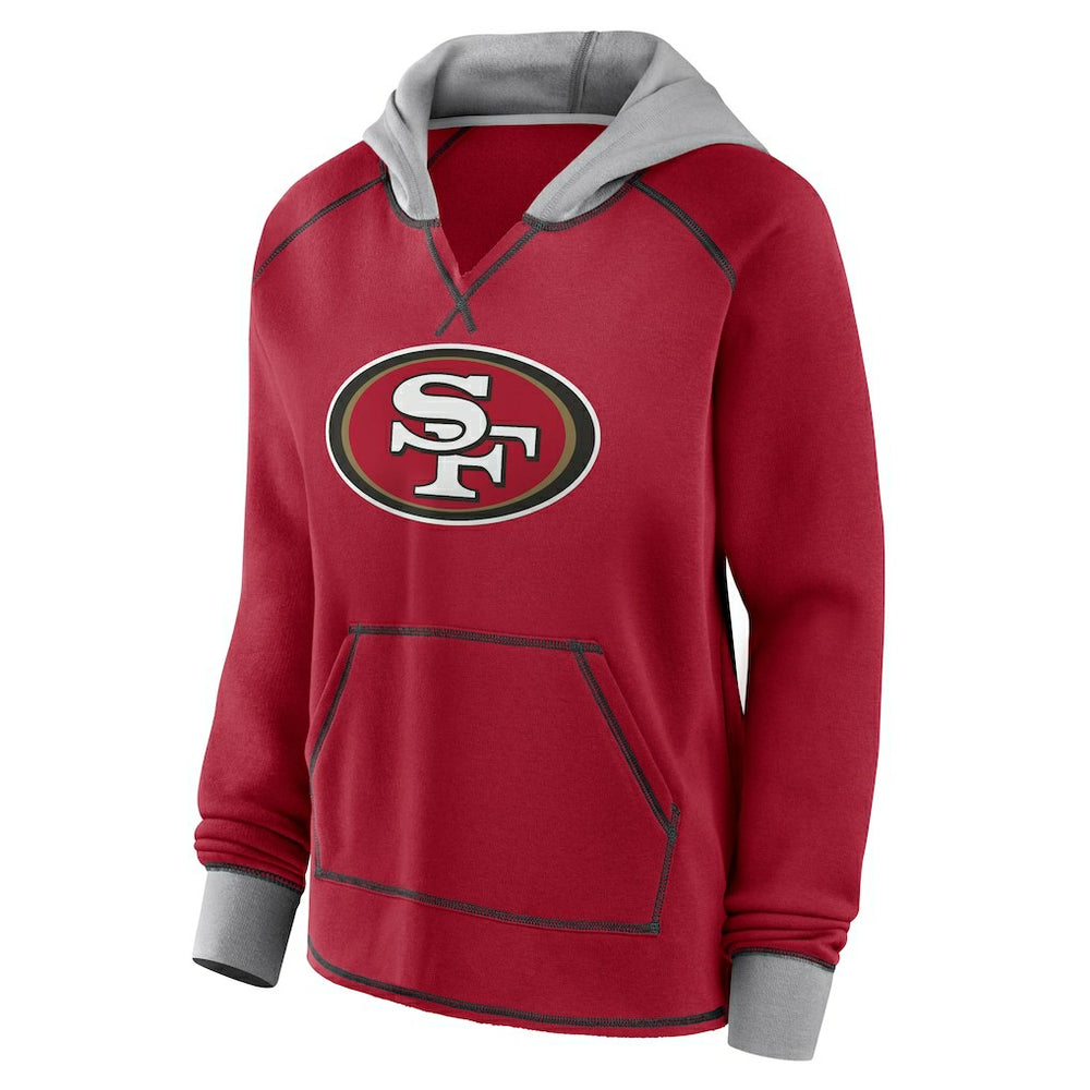 San Francisco 49ers Logo Athletic Women's Boom Fleece Pullover V-Neck Hoodie Scarlet