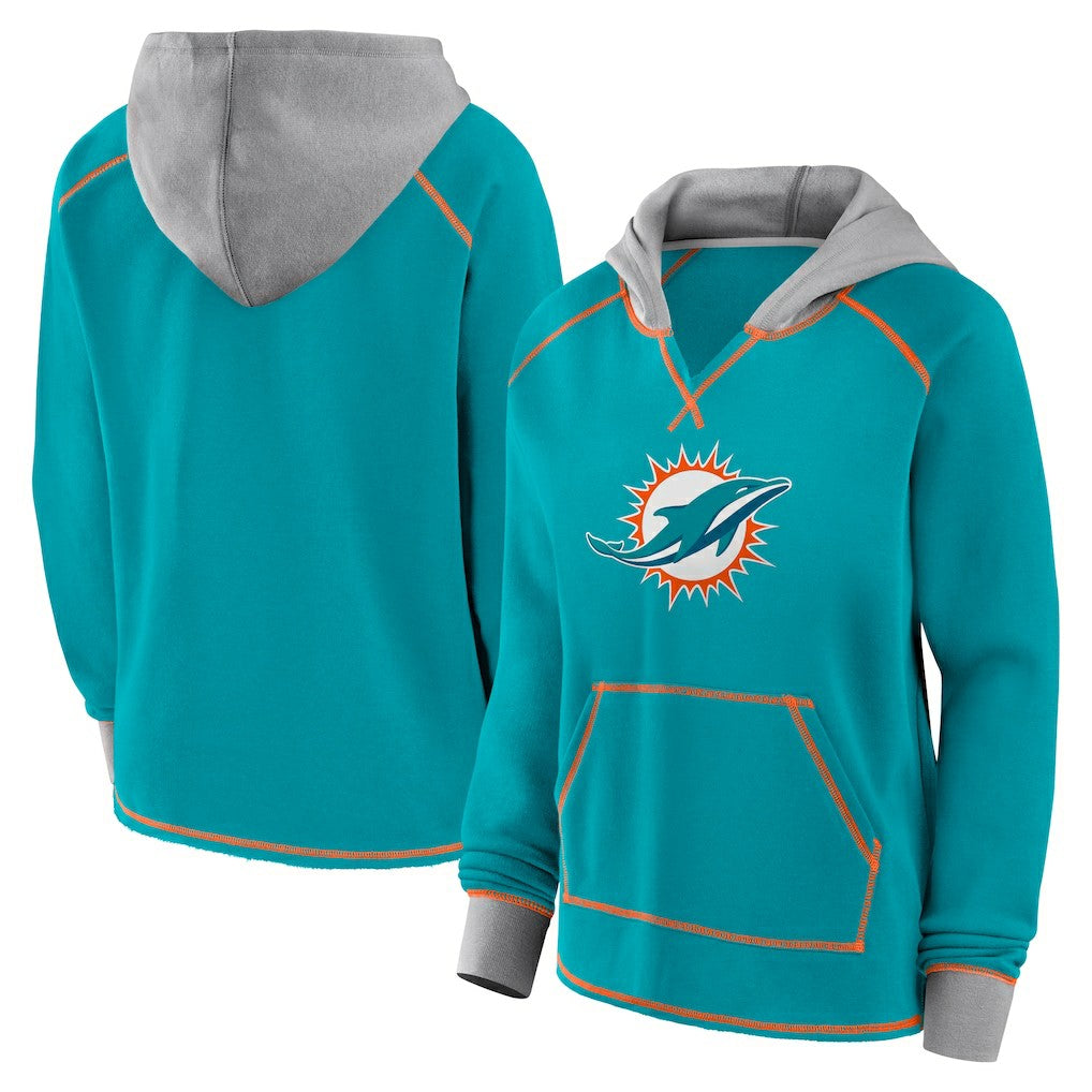 Miami Dolphins Logo Athletic Women's Boom Fleece Pullover V-Neck Hoodie Aqua
