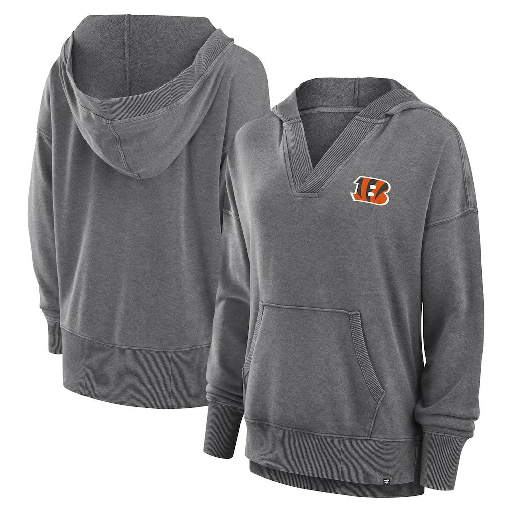 Cincinnati Bengals Women's Initiative Snow Wash French Terry V-Neck Pullover Hoodie Heather Charcoal