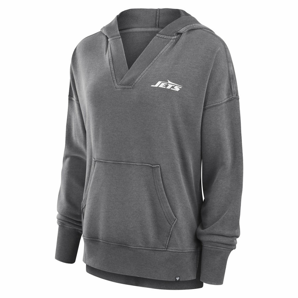 New York Jets Women's Initiative Snow Wash French Terry V-Neck Pullover Hoodie Heather Charcoal