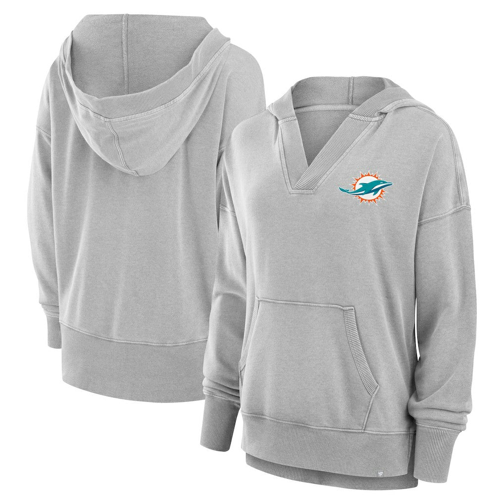 Miami Dolphins Women's Initiative Snow Wash French Terry V-Neck Pullover Hoodie Heather Gray