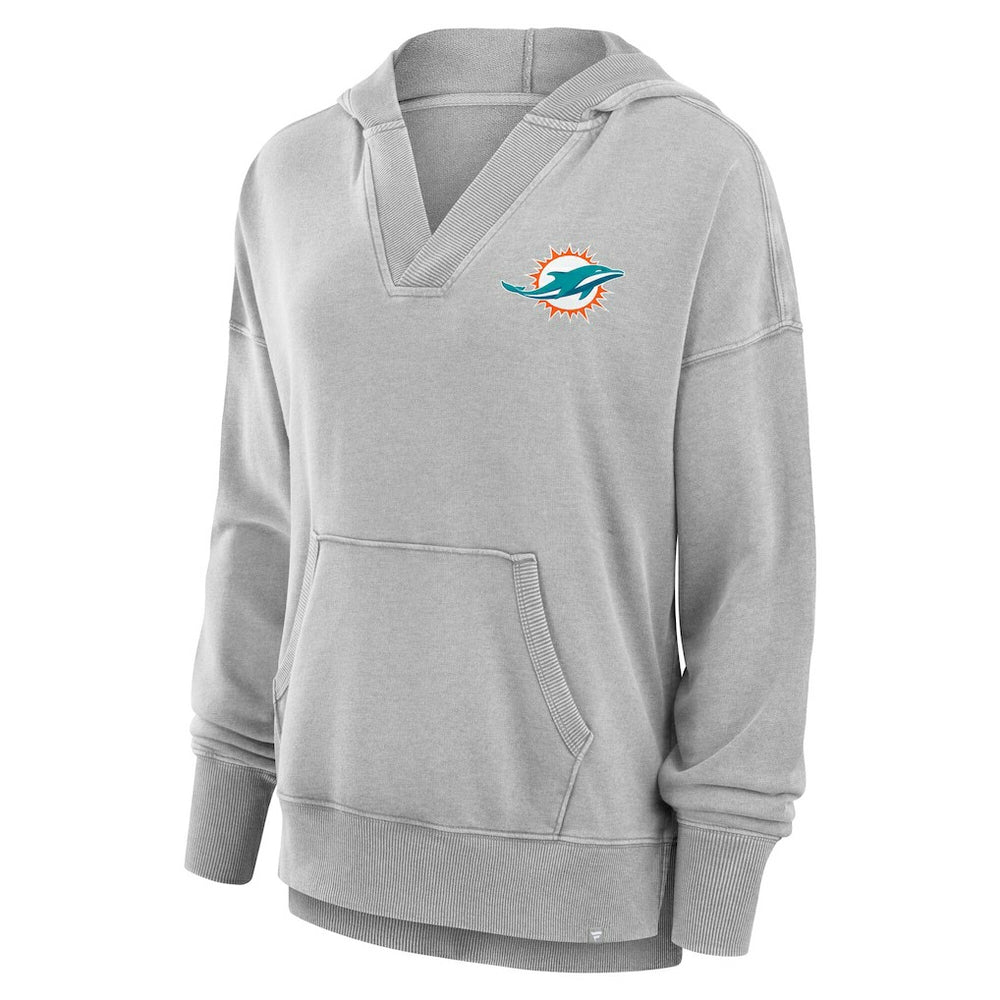 Miami Dolphins Women's Initiative Snow Wash French Terry V-Neck Pullover Hoodie Heather Gray