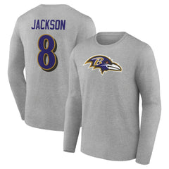 Lamar Jackson Baltimore Ravens Icon Player Name & Number Long Sleeve T-Shirt Gray
