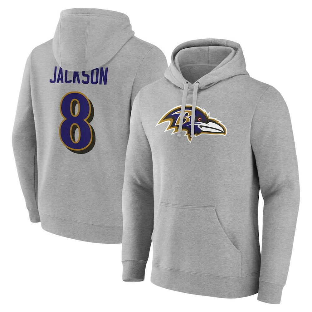 Lamar Jackson Baltimore Ravens Icon Player Name & Number Pullover Hoodie Gray