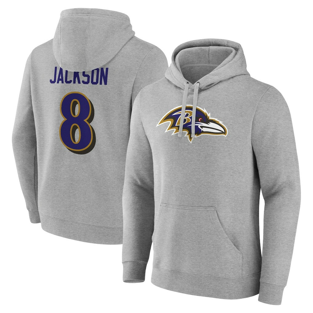 Lamar Jackson Baltimore Ravens Icon Player Name & Number Pullover Hoodie Gray