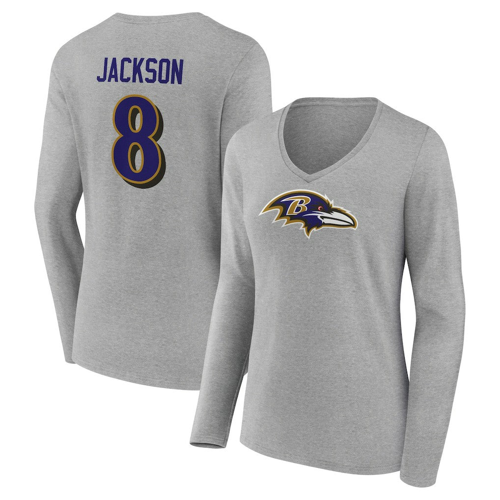 Lamar Jackson Baltimore Ravens Women's Icon Player Name & Number Long Sleeve V-Neck T-Shirt Gray