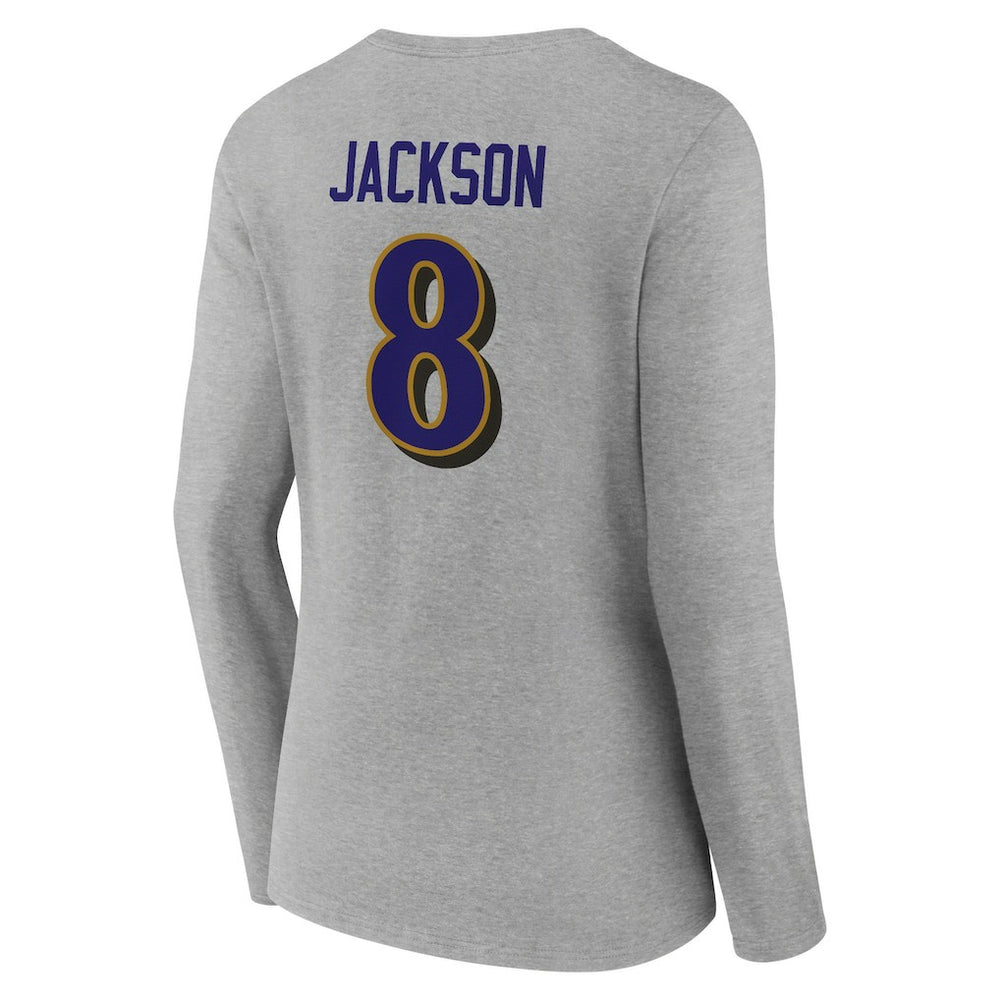 Lamar Jackson Baltimore Ravens Women's Icon Player Name & Number Long Sleeve V-Neck T-Shirt Gray
