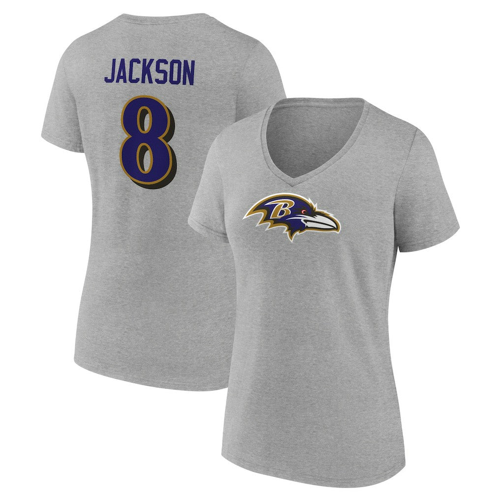 Lamar Jackson Baltimore Ravens Women's Icon Player Name & Number V-Neck T-Shirt Gray