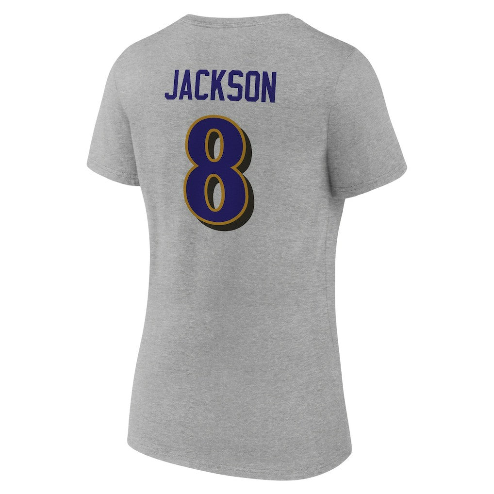 Lamar Jackson Baltimore Ravens Women's Icon Player Name & Number V-Neck T-Shirt Gray