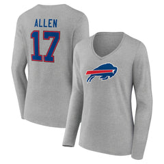 Josh Allen Buffalo Bills Women's Icon Player Name & Number Long Sleeve V-Neck T-Shirt Gray