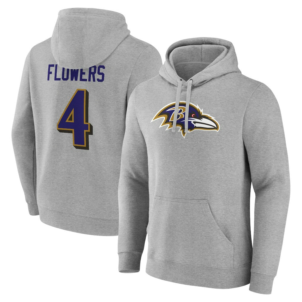 Zay Flowers Baltimore Ravens Icon Player Name & Number Pullover Hoodie Gray