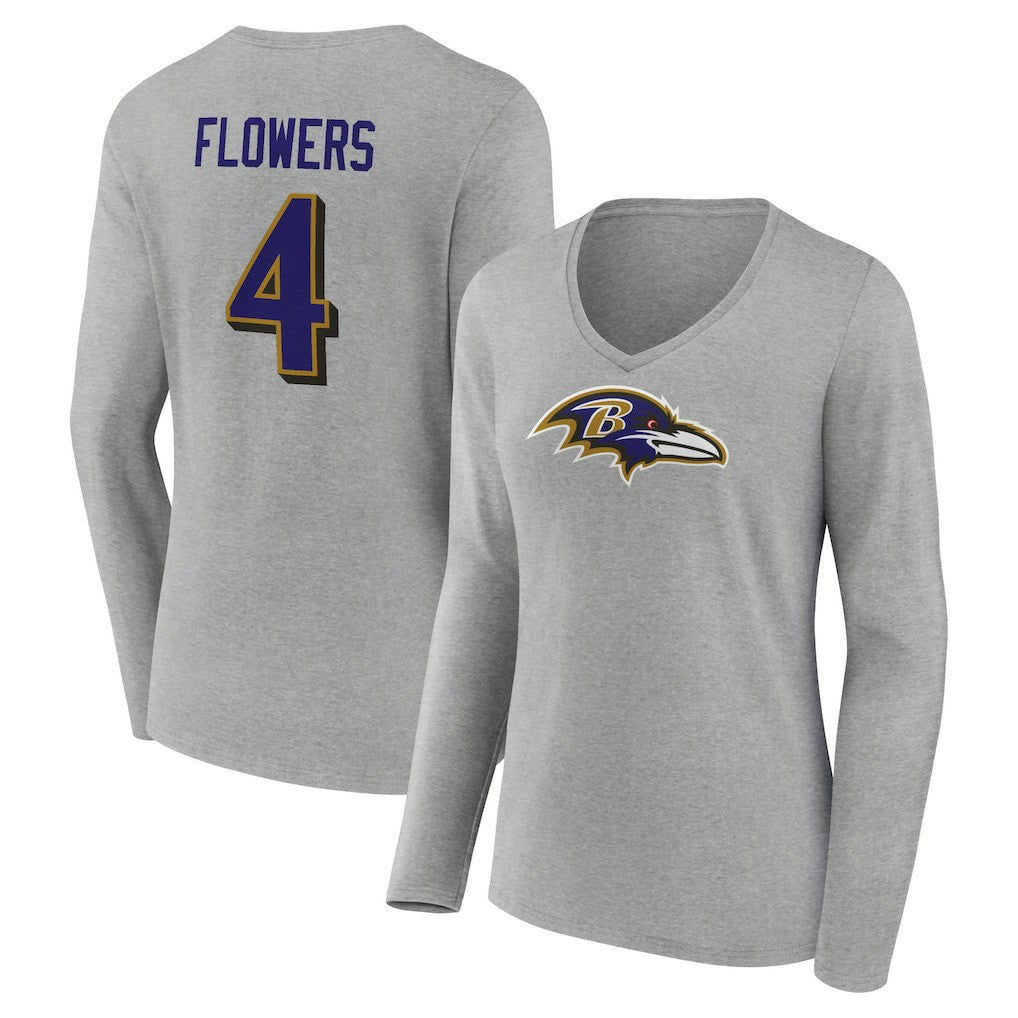 Zay Flowers Baltimore Ravens Women's Icon Player Name & Number Long Sleeve V-Neck T-Shirt Gray