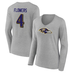 Zay Flowers Baltimore Ravens Women's Icon Player Name & Number Long Sleeve V-Neck T-Shirt Gray