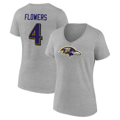 Zay Flowers Baltimore Ravens Women's Icon Player Name & Number V-Neck T-Shirt Gray