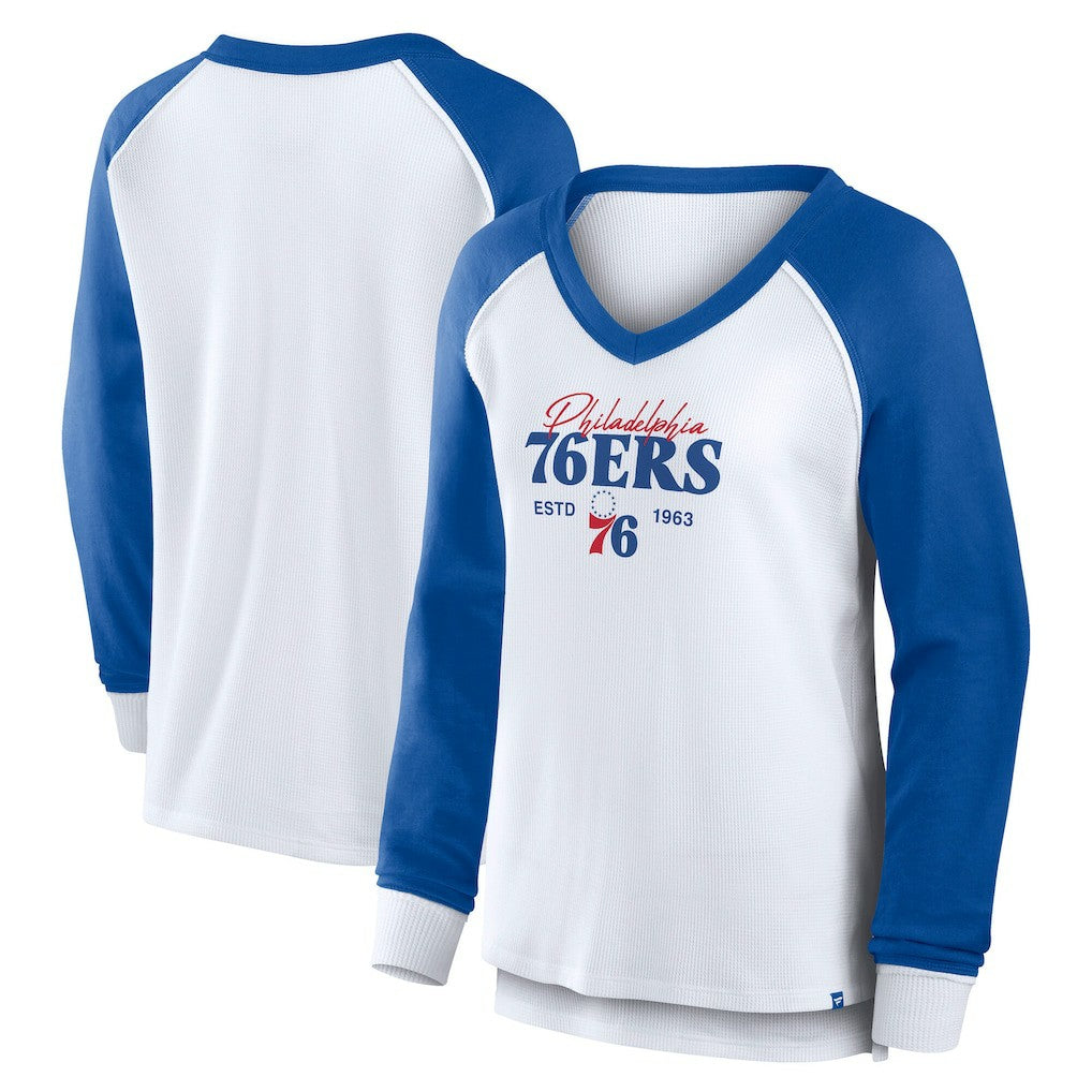 Philadelphia 76ers Women's Open Lane Waffle Long Sleeve V-Neck T-Shirt White