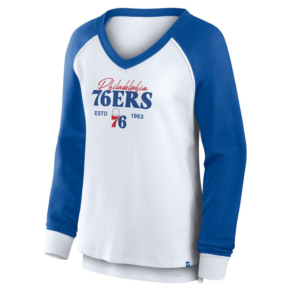 Philadelphia 76ers Women's Open Lane Waffle Long Sleeve V-Neck T-Shirt White