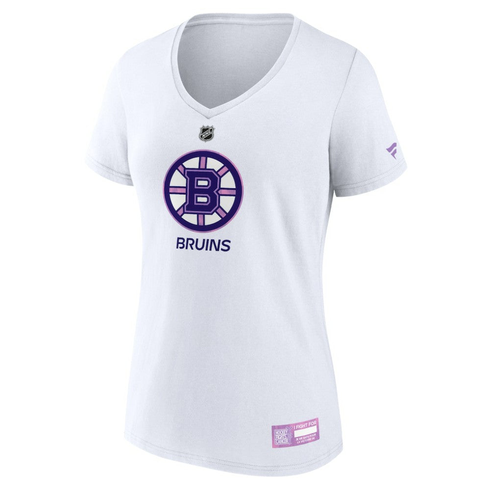 NHL Boston Bruins Fanatics Women's 2024 Hockey Fights Cancer V-Neck T-Shirt - White