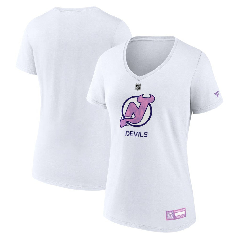NHL New Jersey Devils Fanatics Women's 2024 Hockey Fights Cancer V-Neck T-Shirt - White