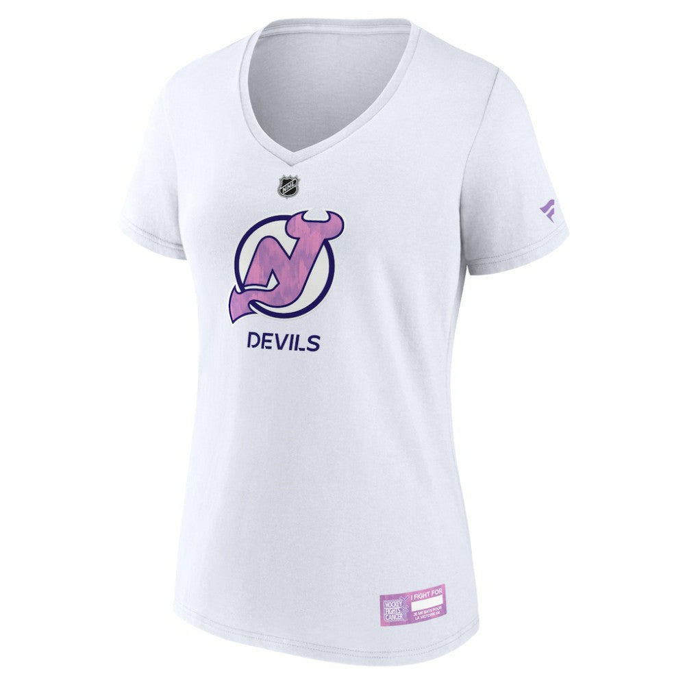 NHL New Jersey Devils Fanatics Women's 2024 Hockey Fights Cancer V-Neck T-Shirt - White