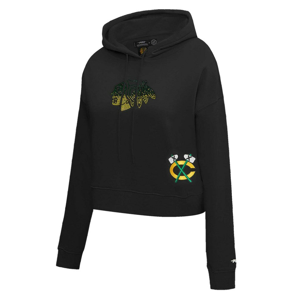NHL Chicago Blackhawks Pro Standard Women's Jewels Cropped Pullover Hoodie - Black