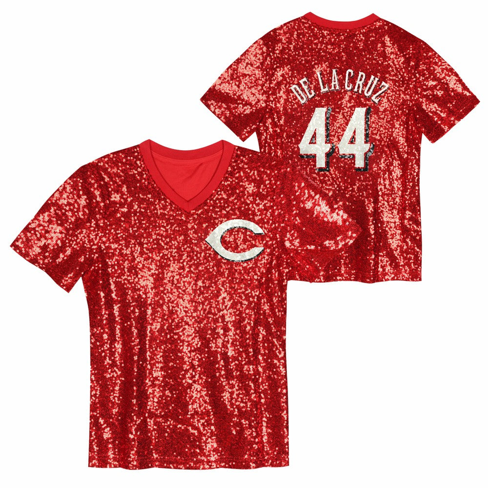 Elly De La Cruz Cincinnati Reds Juniors Name & Number Sequin V-Neck Top - Red Tops