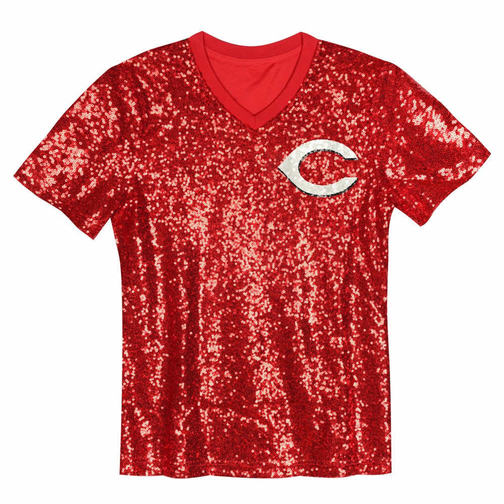 Elly De La Cruz Cincinnati Reds Juniors Name & Number Sequin V-Neck Top - Red Tops