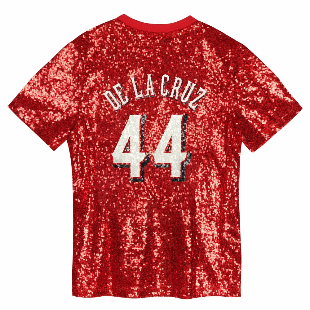 Elly De La Cruz Cincinnati Reds Juniors Name & Number Sequin V-Neck Top - Red Tops