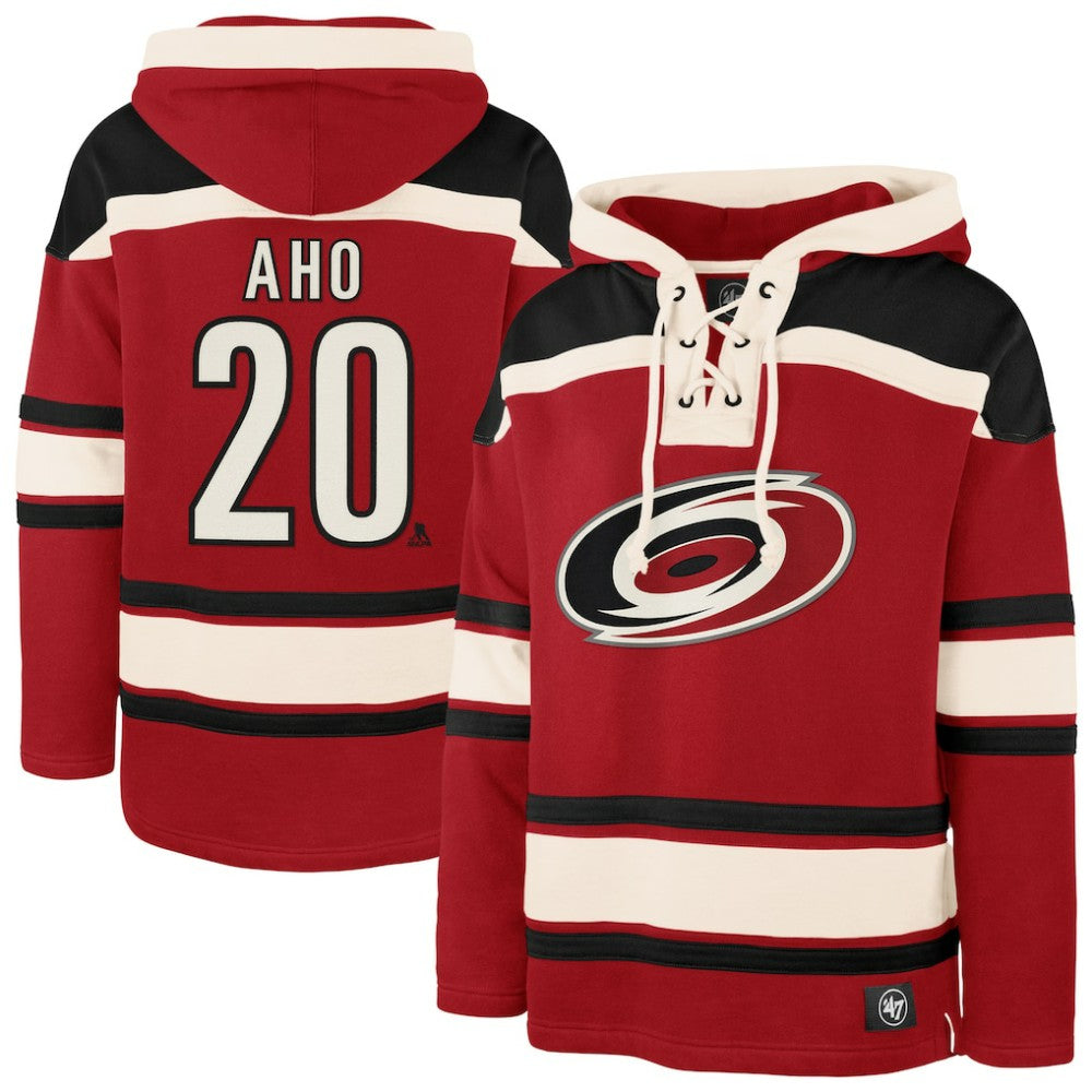 NHL Sebastian Aho Carolina Hurricanes '47 Player Name & Number Lacer Pullover Hoodie - Red