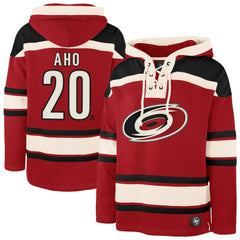 NHL Sebastian Aho Carolina Hurricanes '47 Player Name & Number Lacer Pullover Hoodie - Red