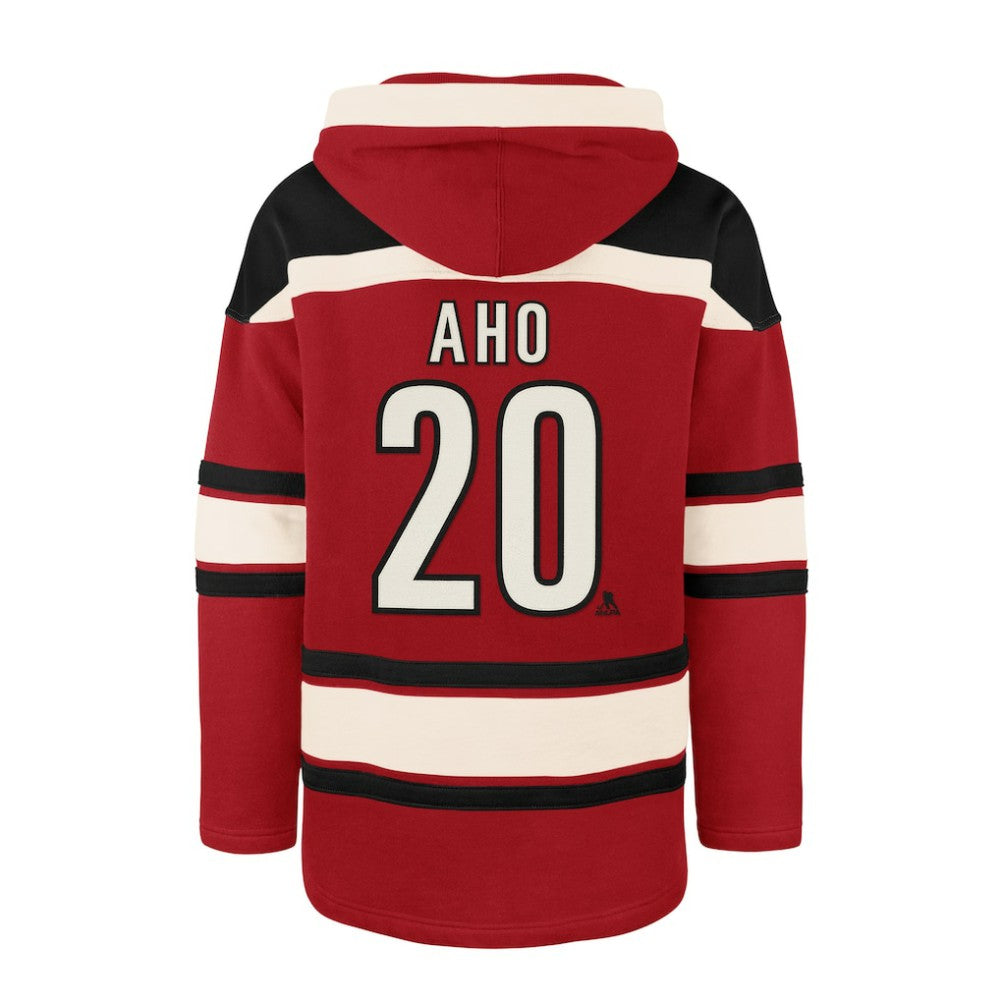 NHL Sebastian Aho Carolina Hurricanes '47 Player Name & Number Lacer Pullover Hoodie - Red