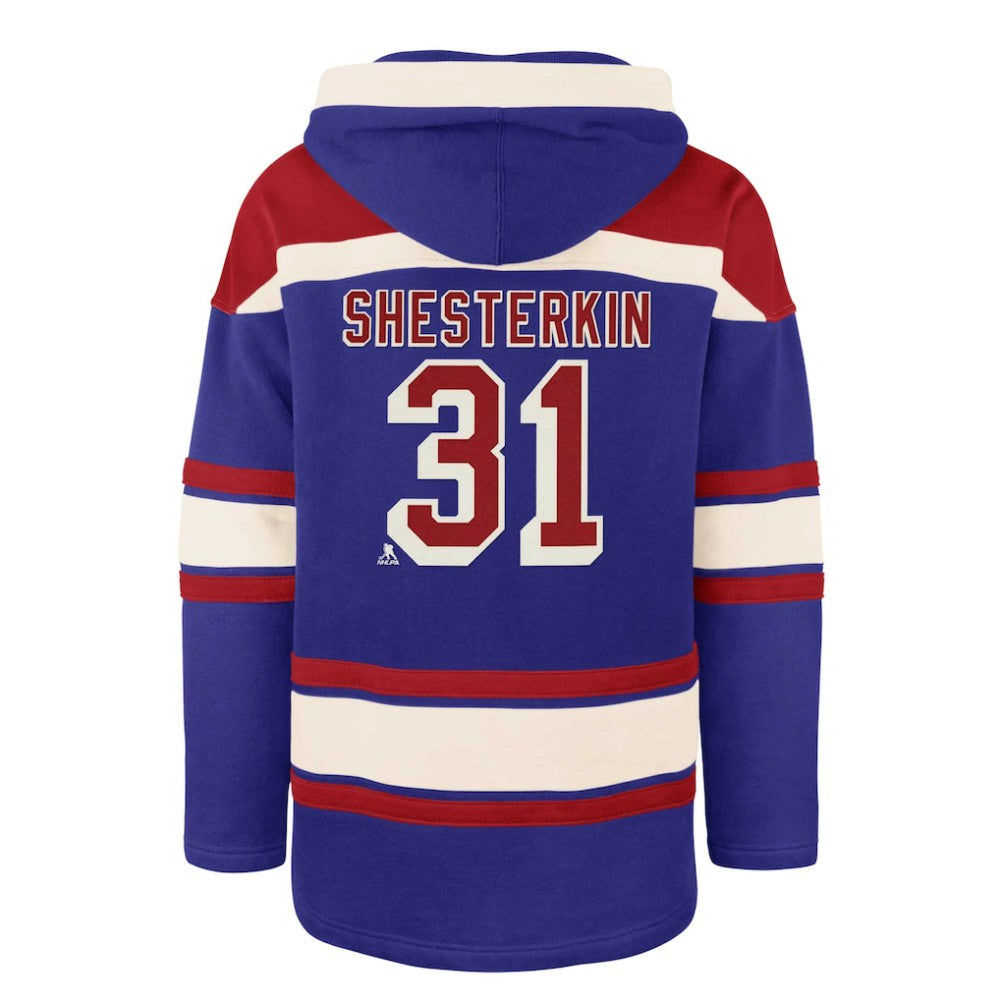 NHL Igor Shesterkin New York Rangers '47 Player Name & Number Lacer Pullover Hoodie - Blue