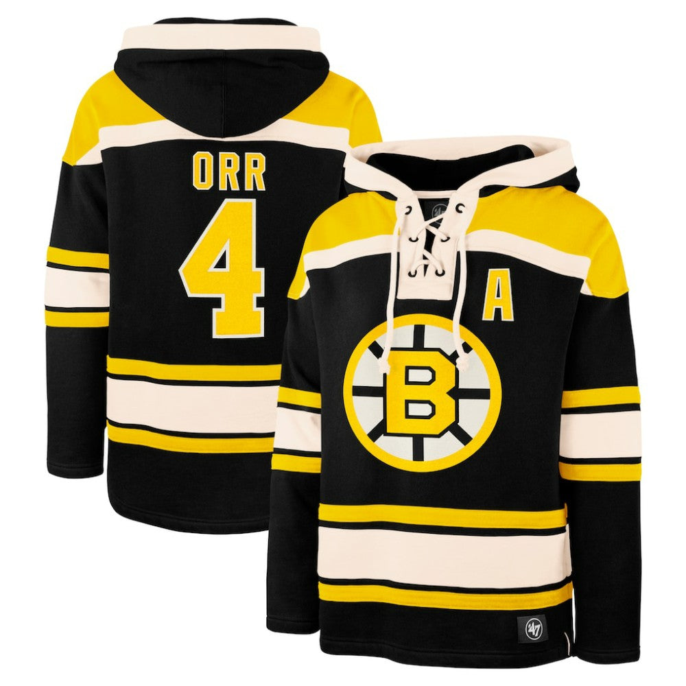 NHL Bobby Orr Boston Bruins '47 Retired Player Name & Number Lacer Pullover Hoodie - Black