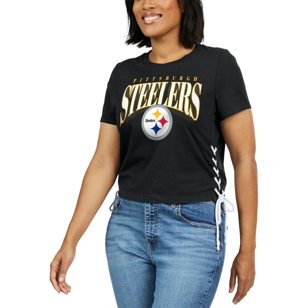 Pittsburgh Steelers WEAR by Erin Andrews Women's Lace Up Side Modest Cropped T-Shirt Black