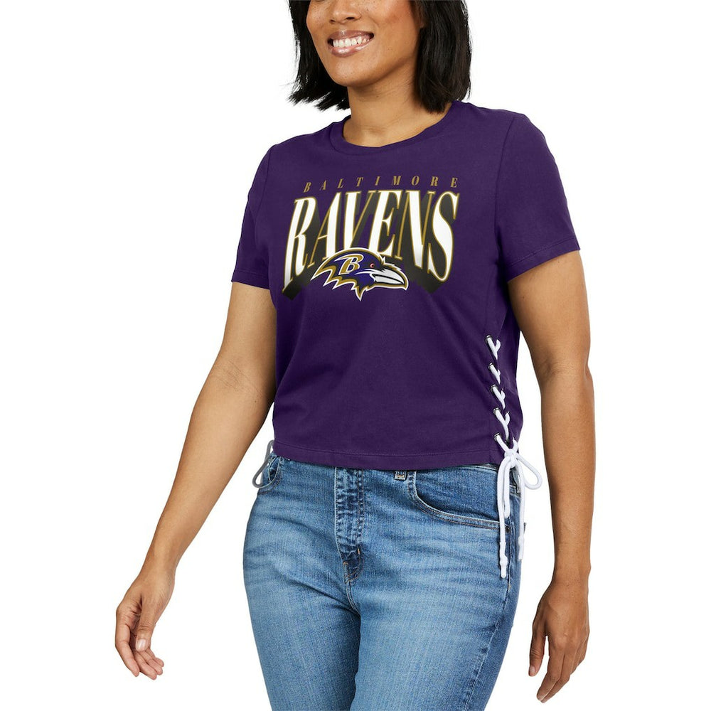 Baltimore Ravens WEAR by Erin Andrews Women's Lace Up Side Modest Cropped T-Shirt Purple